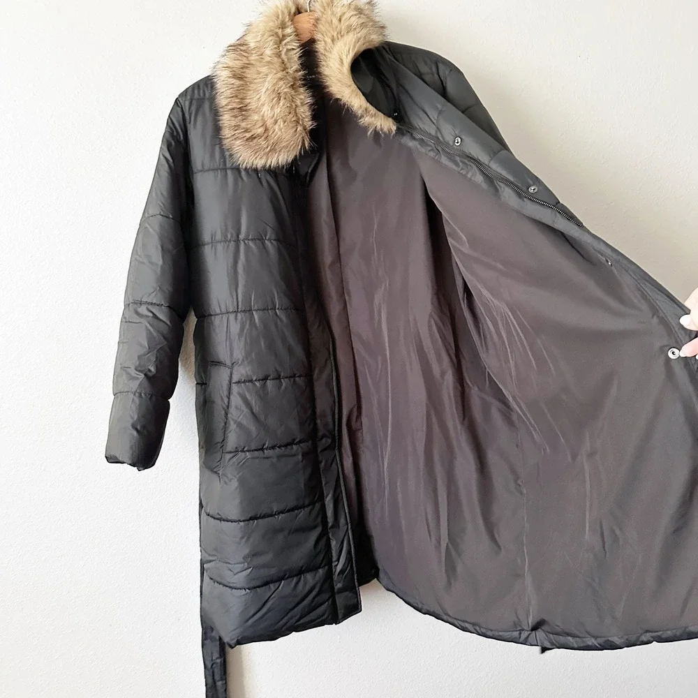 Ann Taylor Black Puffer Coat Blonde Faux Fur Collar Belted Quilted Jacket XL XXL